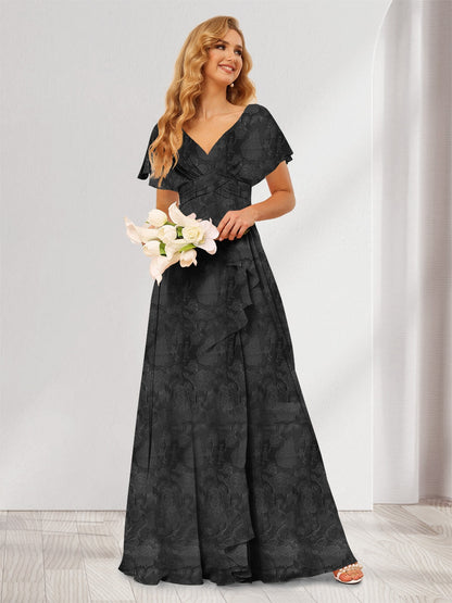 A-Line/Princess V-Neck Long Floral Bridesmaid Dresses with Ruffles
