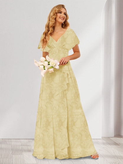 A-Line/Princess V-Neck Long Floral Bridesmaid Dresses with Ruffles