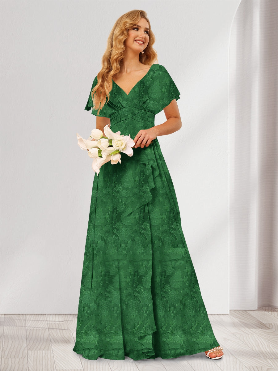 A-Line/Princess V-Neck Long Floral Bridesmaid Dresses with Ruffles