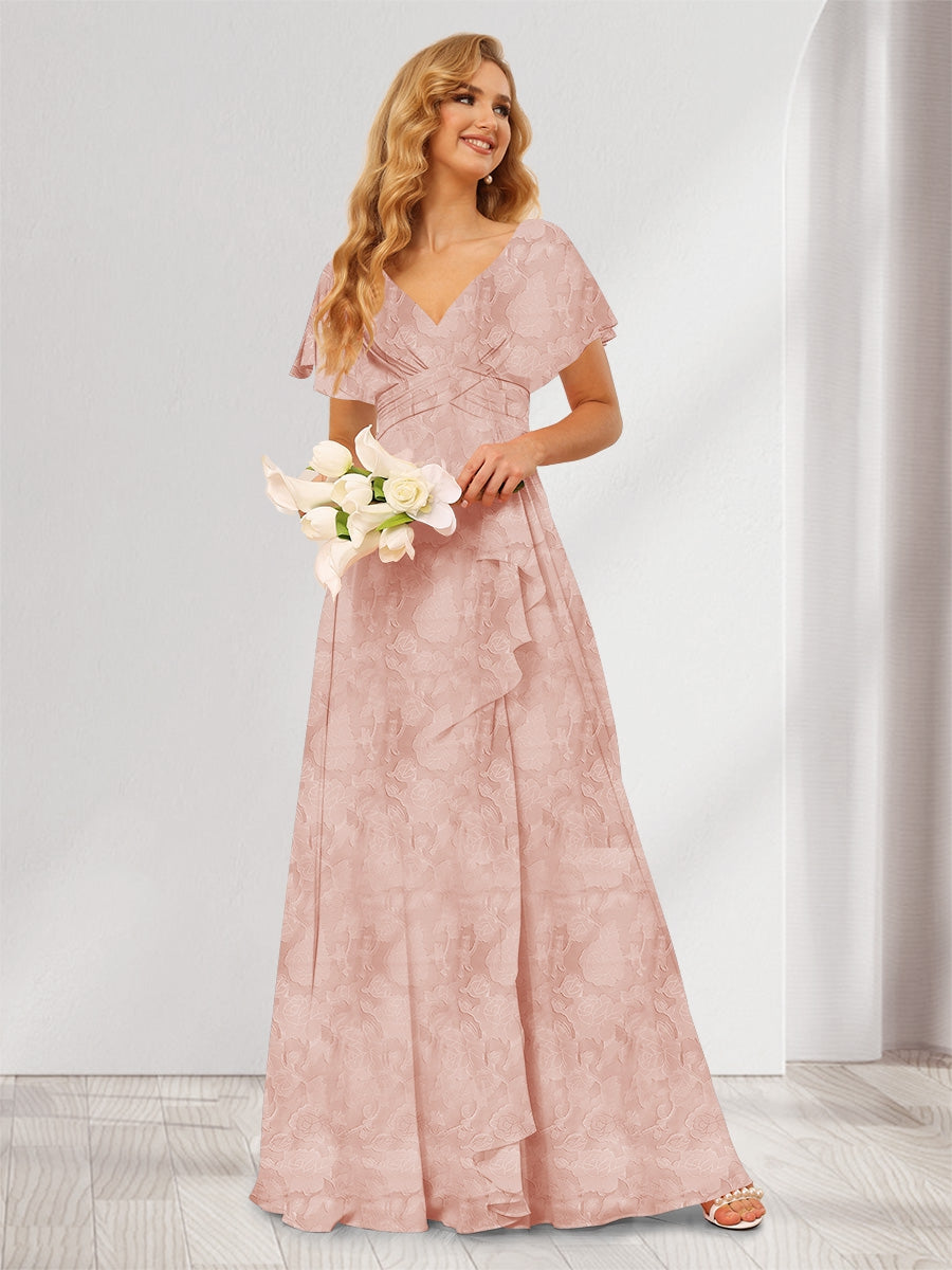 A-Line/Princess V-Neck Long Floral Bridesmaid Dresses with Ruffles