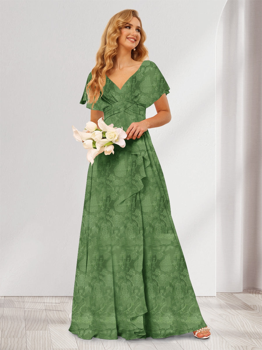A-Line/Princess V-Neck Long Floral Bridesmaid Dresses with Ruffles