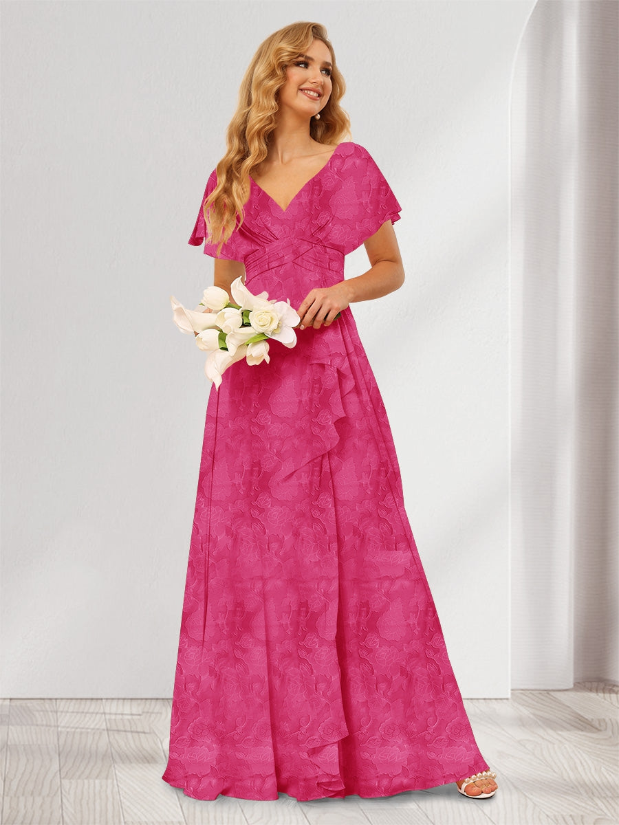 A-Line/Princess V-Neck Long Floral Bridesmaid Dresses with Ruffles