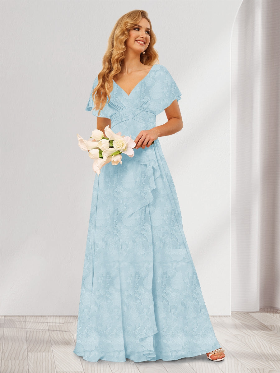 A-Line/Princess V-Neck Long Floral Bridesmaid Dresses with Ruffles
