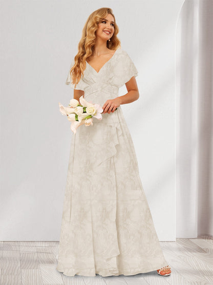 A-Line/Princess V-Neck Long Floral Bridesmaid Dresses with Ruffles