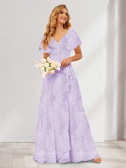 A-Line/Princess V-Neck Long Floral Bridesmaid Dresses with Ruffles