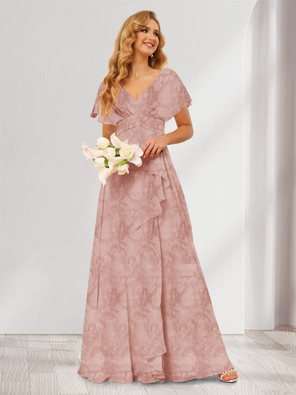 A-Line/Princess V-Neck Long Floral Bridesmaid Dresses with Ruffles