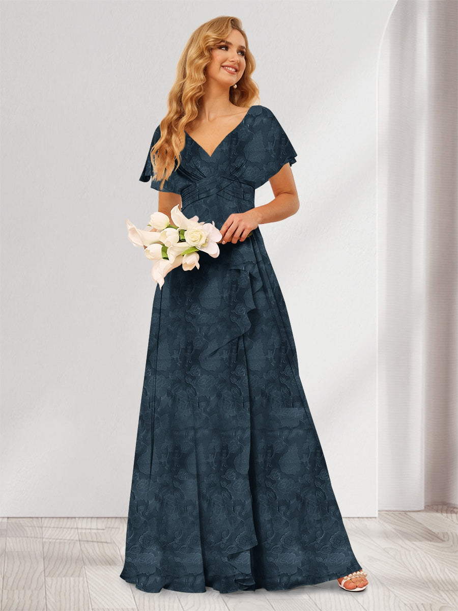 A-Line/Princess V-Neck Long Floral Bridesmaid Dresses with Ruffles