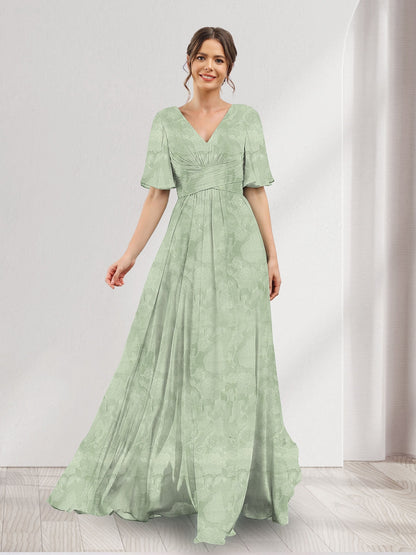 A-Line V-Neck Half Sleeves Split Side Floral Bridesmaid Dresses With Pockets