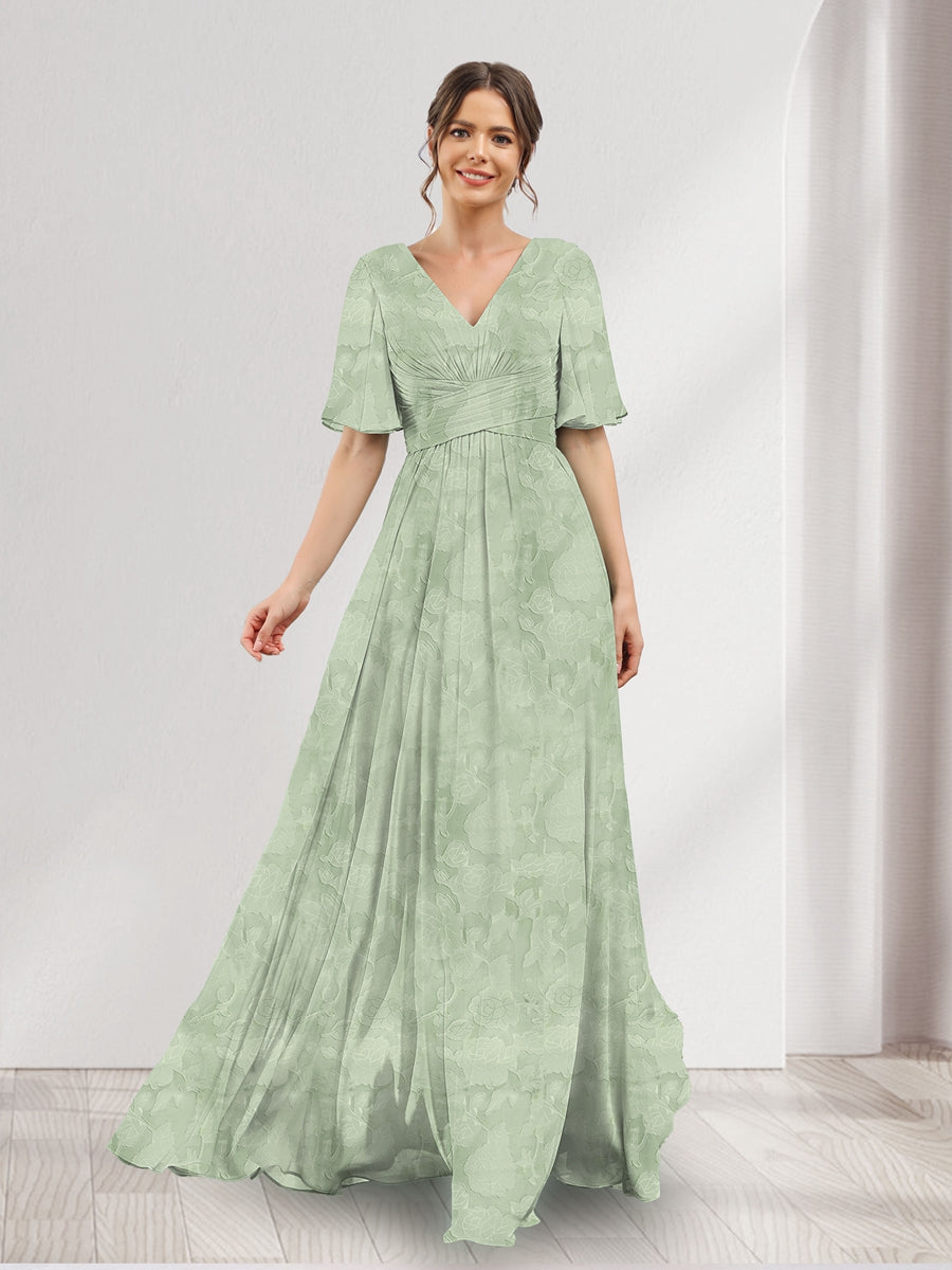 A-Line V-Neck Half Sleeves Split Side Floral Bridesmaid Dresses With Pockets