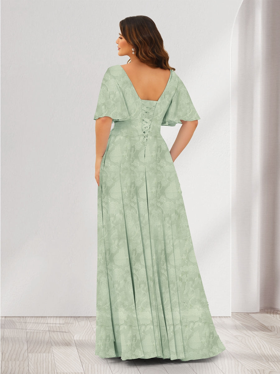 A-Line V-Neck Half Sleeves Split Side Floral Bridesmaid Dresses With Pockets