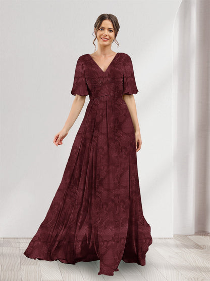 A-Line V-Neck Half Sleeves Split Side Floral Bridesmaid Dresses With Pockets