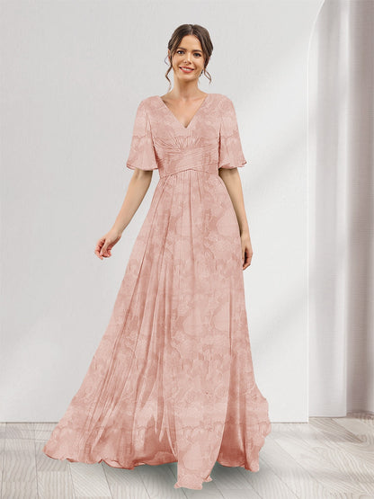 A-Line V-Neck Half Sleeves Split Side Floral Bridesmaid Dresses With Pockets