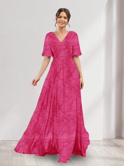 A-Line V-Neck Half Sleeves Split Side Floral Bridesmaid Dresses With Pockets