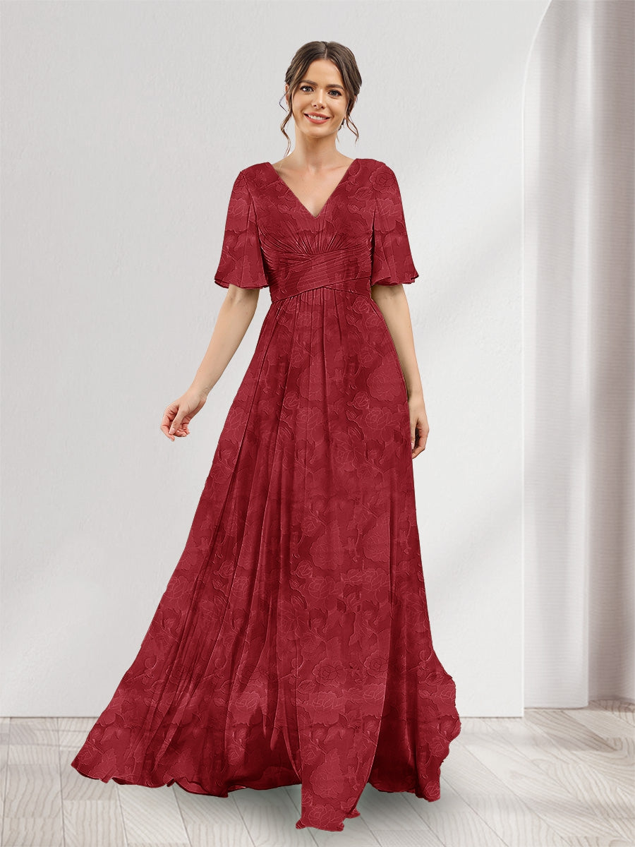 A-Line V-Neck Half Sleeves Split Side Floral Bridesmaid Dresses With Pockets