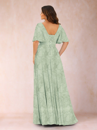 A-Line V-Neck Half Sleeves Split Side Floral Mother of the Bride Dresses With Pockets