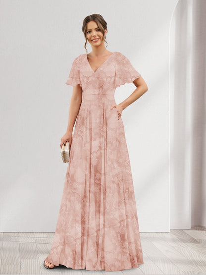 A-Line V-Neck Short Sleeves Floral Bridesmaid Dresses with Pockets