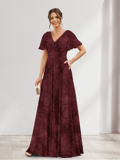 A-Line V-Neck Short Sleeves Floral Bridesmaid Dresses with Pockets