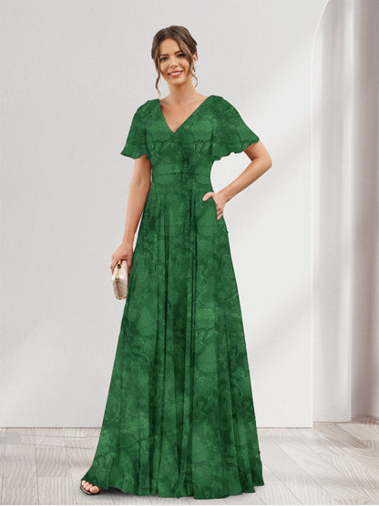 A-Line V-Neck Short Sleeves Floral Bridesmaid Dresses with Pockets