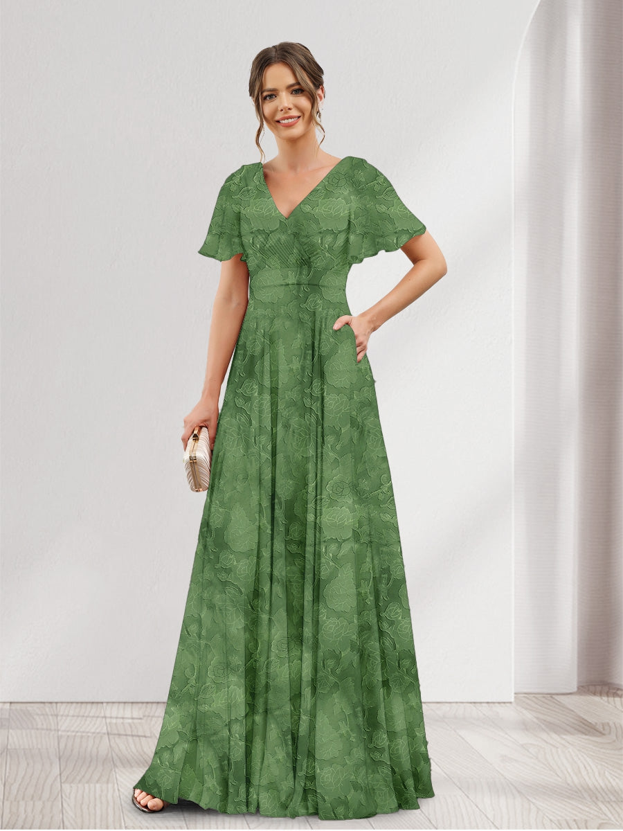 A-Line V-Neck Short Sleeves Floral Bridesmaid Dresses with Pockets