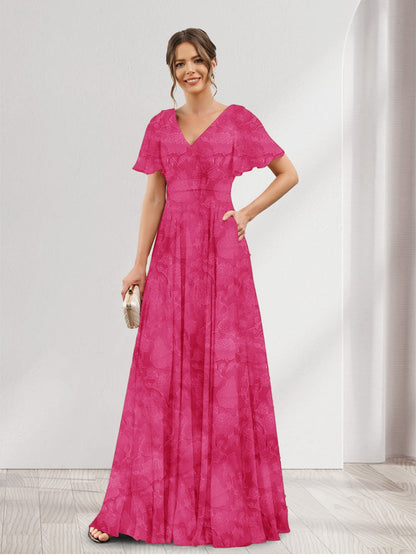 A-Line V-Neck Short Sleeves Floral Bridesmaid Dresses with Pockets