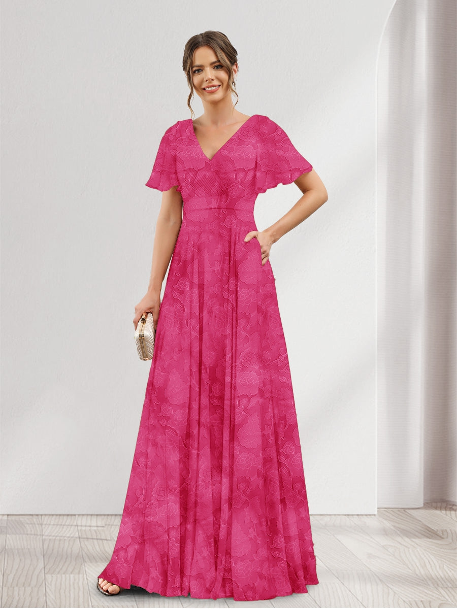 A-Line V-Neck Short Sleeves Floral Bridesmaid Dresses with Pockets