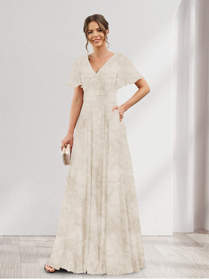 A-Line V-Neck Short Sleeves Floral Bridesmaid Dresses with Pockets