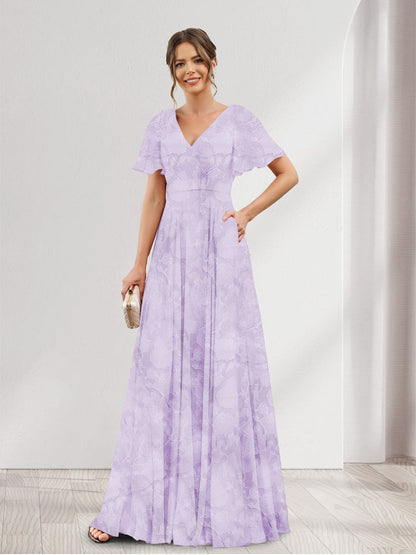 A-Line V-Neck Short Sleeves Floral Bridesmaid Dresses with Pockets