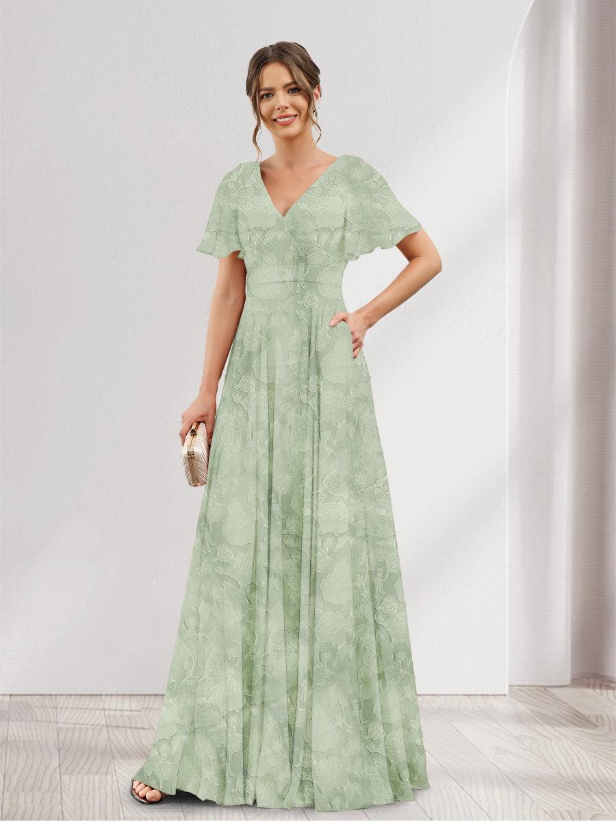 A-Line V-Neck Short Sleeves Floral Bridesmaid Dresses with Pockets