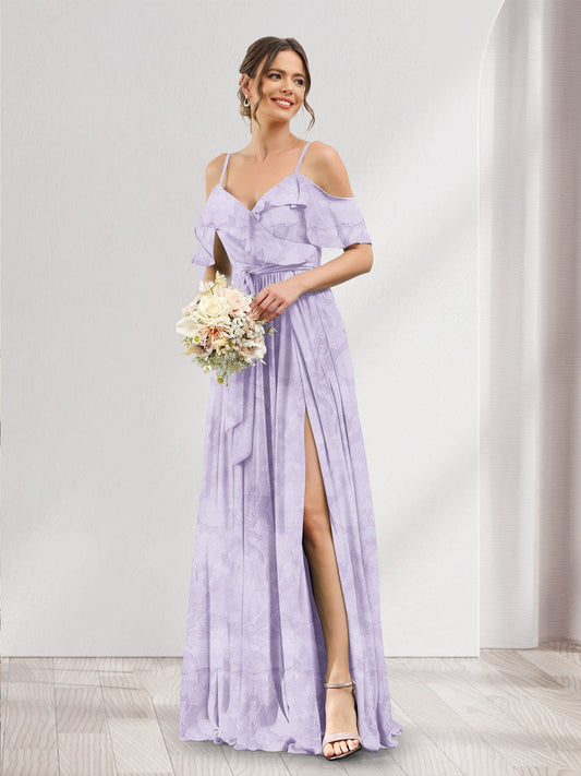 A-Line V-Neck Spaghetti Straps Floral Bridesmaid Dresses with Pockets