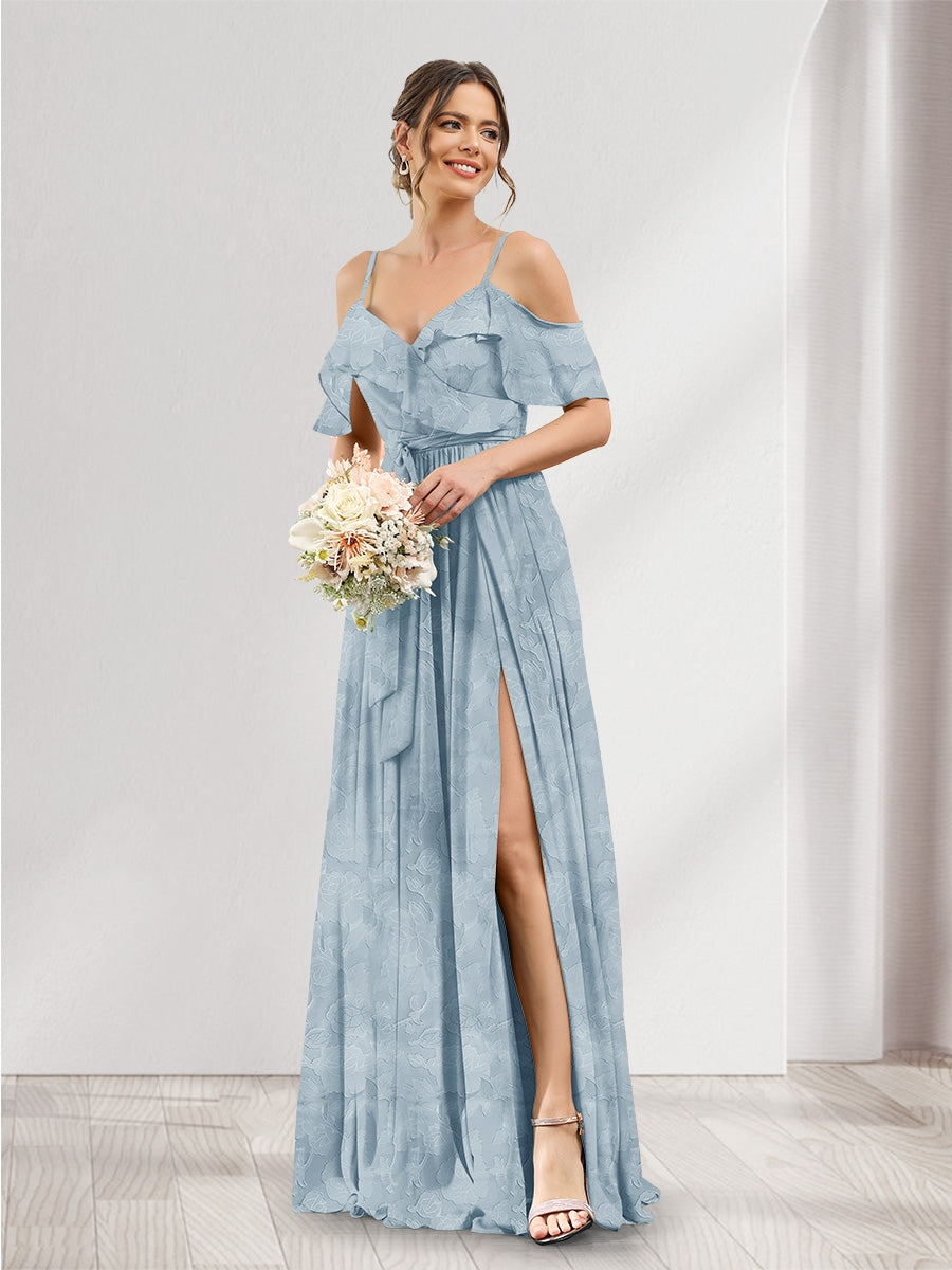 A-Line V-Neck Spaghetti Straps Floral Bridesmaid Dresses with Pockets