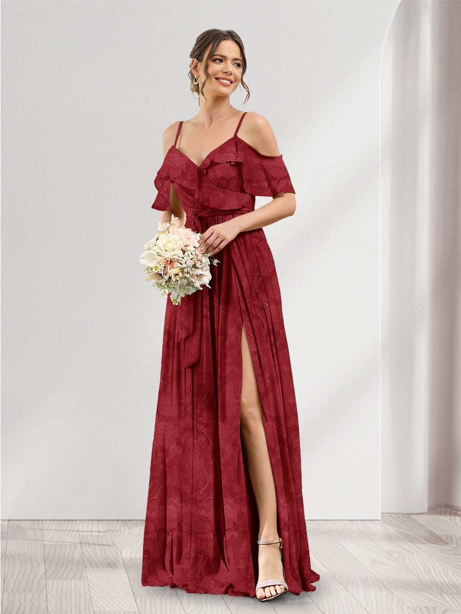 A-Line V-Neck Spaghetti Straps Floral Bridesmaid Dresses with Pockets