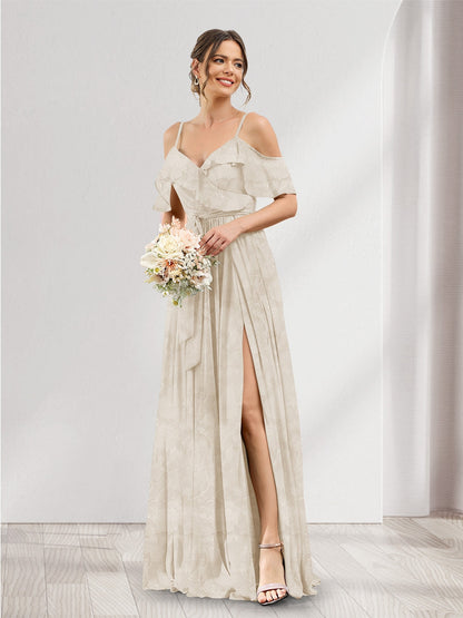 A-Line V-Neck Spaghetti Straps Floral Bridesmaid Dresses with Pockets