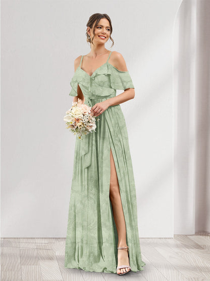 A-Line V-Neck Spaghetti Straps Floral Bridesmaid Dresses with Pockets