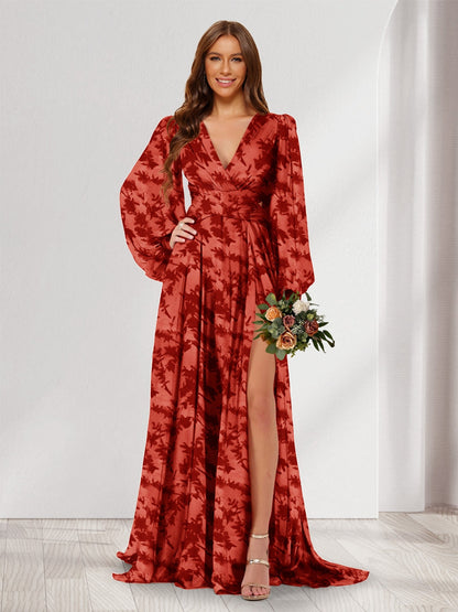 A-Line/Princess V-Neck Long Sleeves Floor Length Bridesmaid Dresses with Split Side