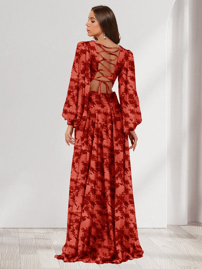 A-Line/Princess V-Neck Long Sleeves Floor Length Bridesmaid Dresses with Split Side