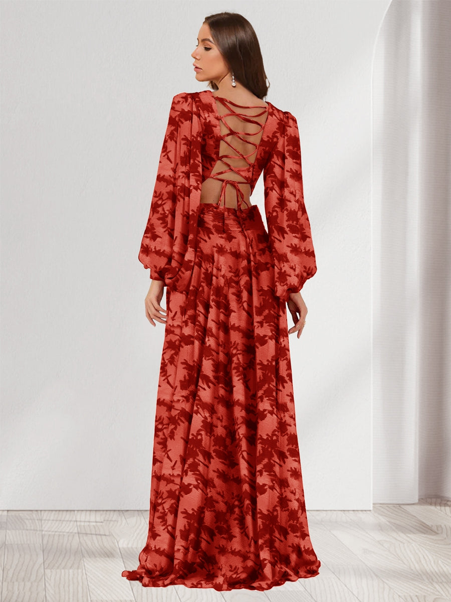 A-Line/Princess V-Neck Long Sleeves Floor Length Bridesmaid Dresses with Split Side