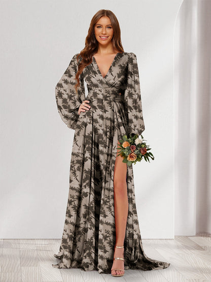 A-Line/Princess V-Neck Long Sleeves Floor Length Bridesmaid Dresses with Split Side