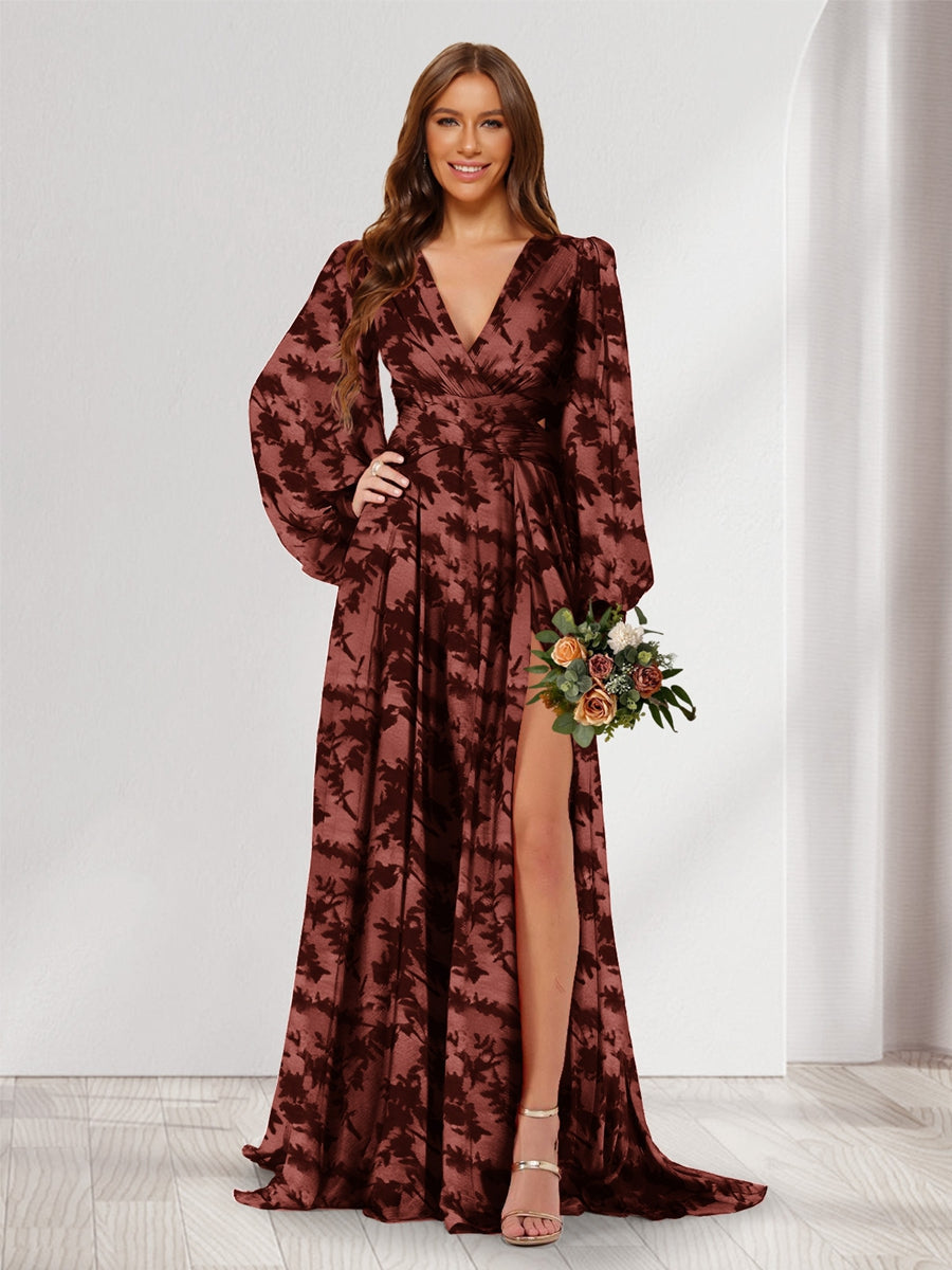 A-Line/Princess V-Neck Long Sleeves Floor Length Bridesmaid Dresses with Split Side