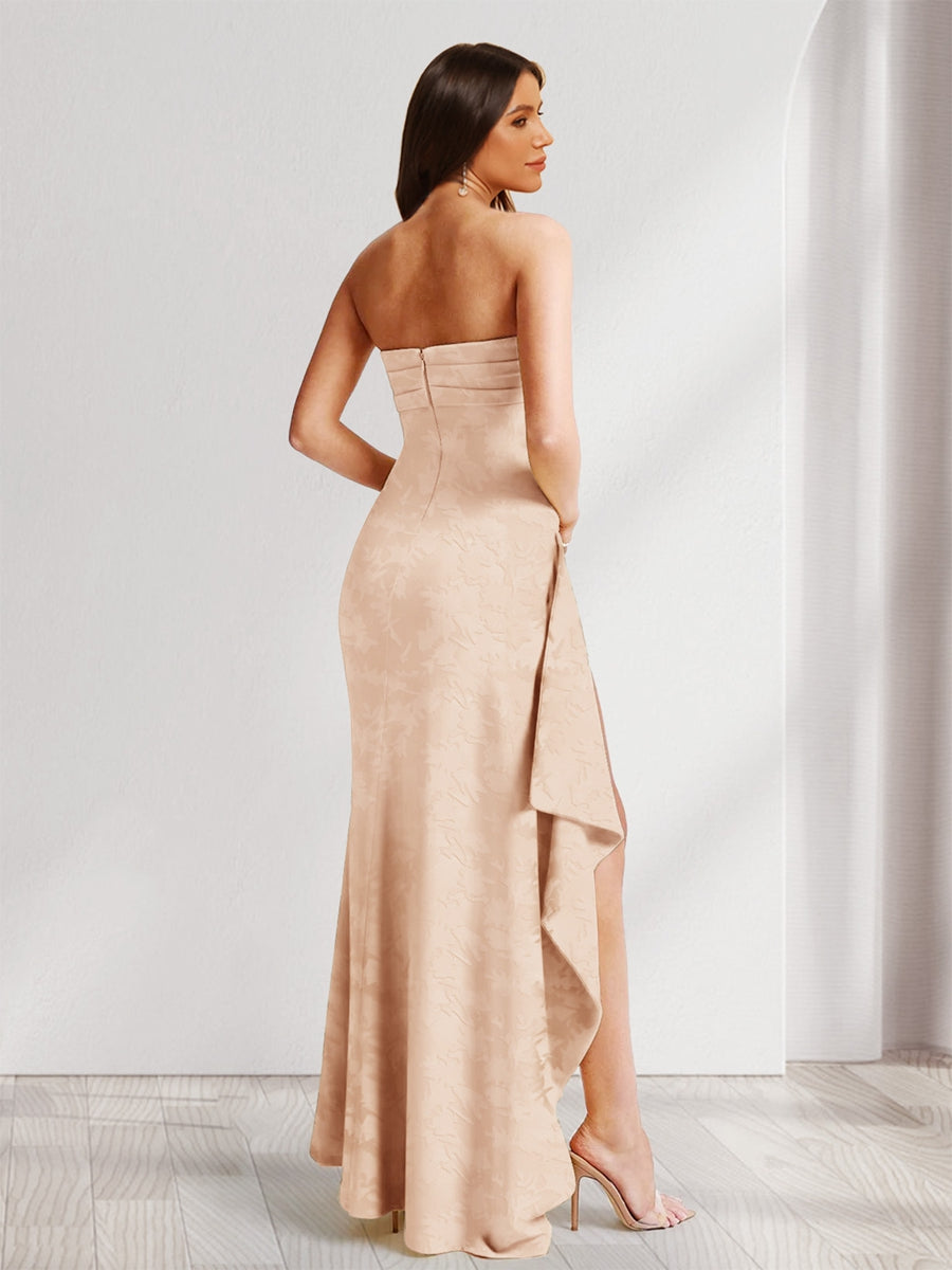 Sheath/Column Strapless Pleated Ruffle Floral Bridesmaid Dresses with Split Side