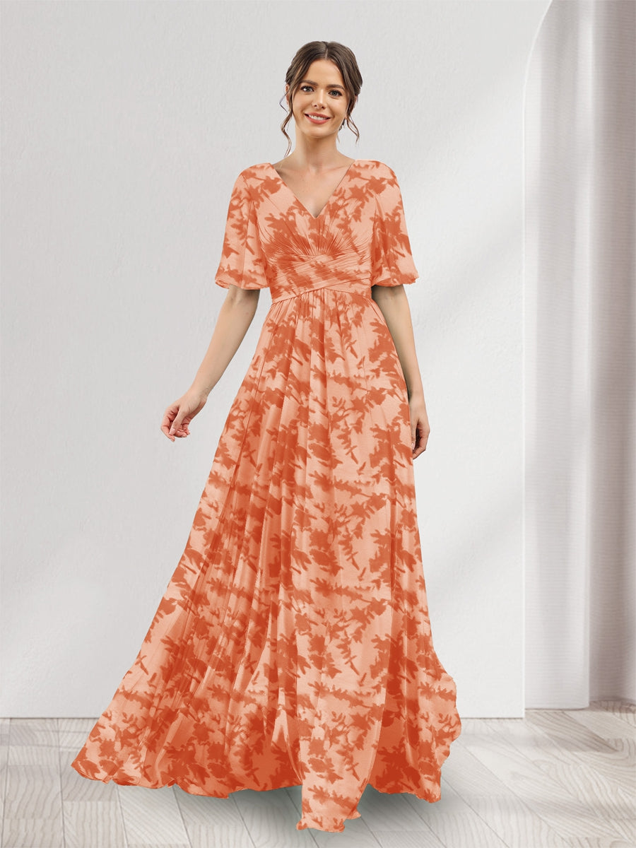 A-Line V-Neck Half Sleeves Floral Bridesmaid Dresses With Pockets & Split Side