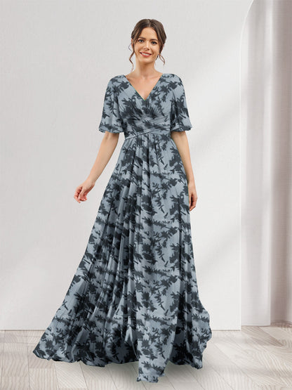 A-Line V-Neck Half Sleeves Floral Bridesmaid Dresses With Pockets & Split Side