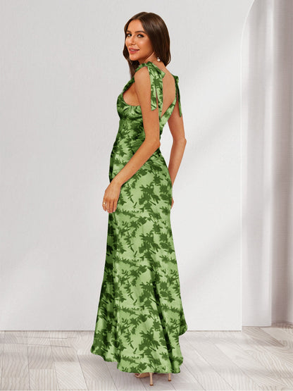 Trumpet/Mermaid V-Neck Asymmetrical Floral Wedding Guest Dresses with Bow & Ruffles