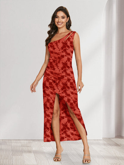 Sheath/Column One-Shoulder Short Floral Women's Dresses with Split Side