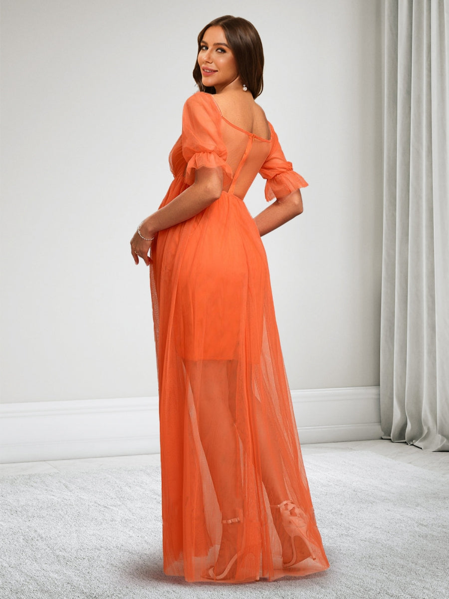 A-Line/Princess Square Neck Half Sleeves Ruched Long Baby Shower Dresses