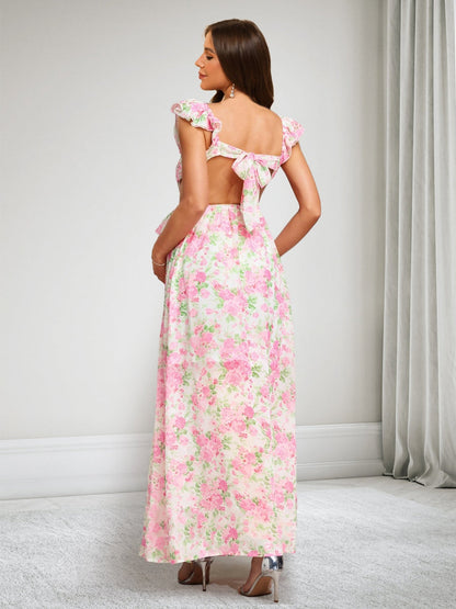 A-Line/Princess V-Neck Ankle-Length Printed Floral Baby Shower Dresses with Ruffles