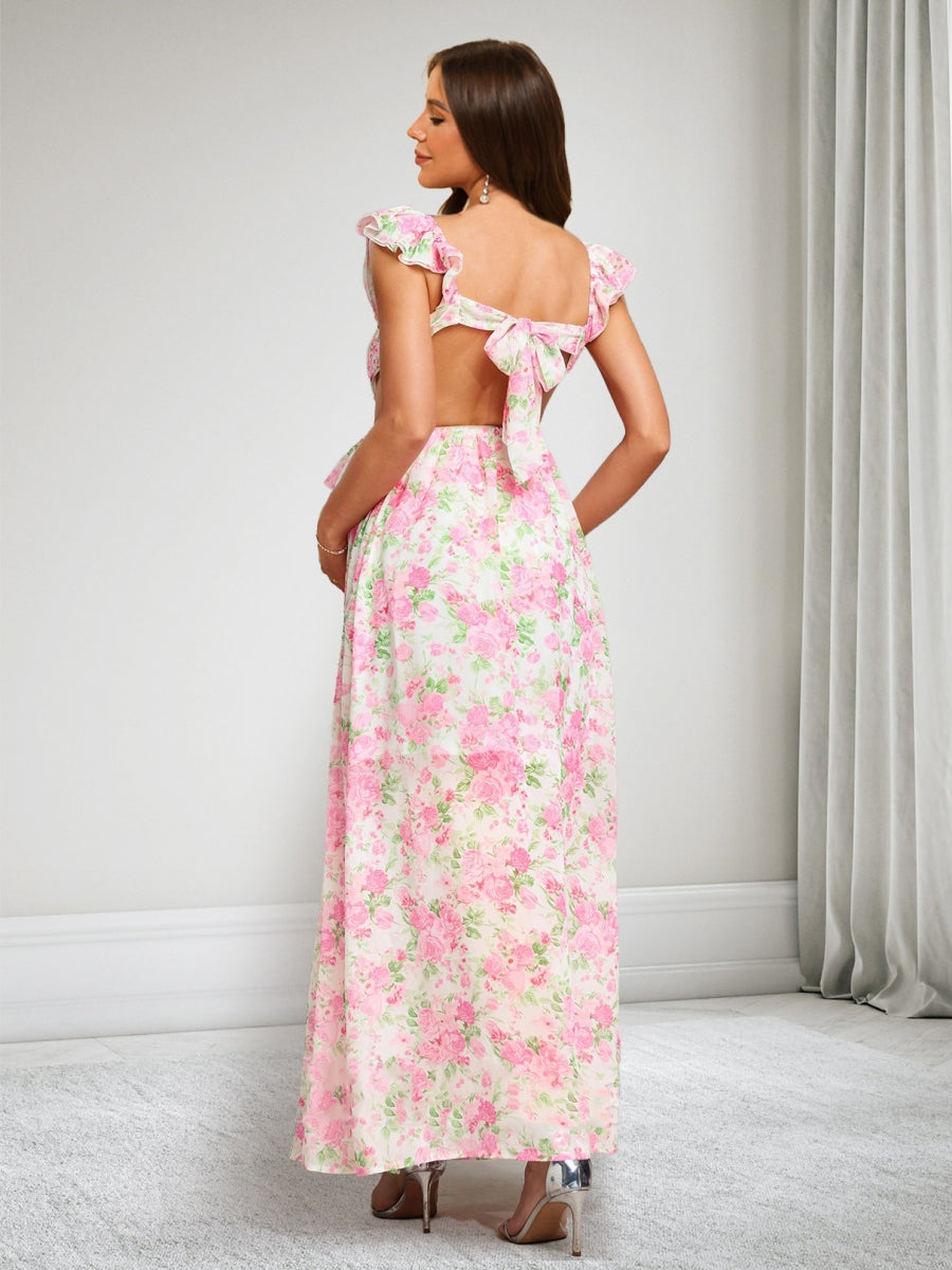 A-Line/Princess V-Neck Ankle-Length Printed Floral Baby Shower Dresses with Ruffles