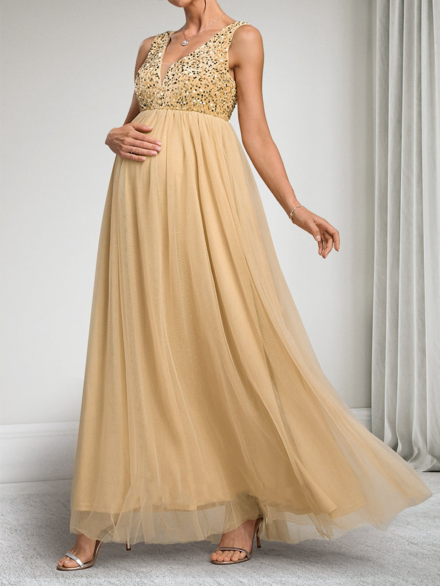 A-Line/Princess V-Neck Sleeveless Ankle-Length Tulle Baby Shower Dresses with Sequins