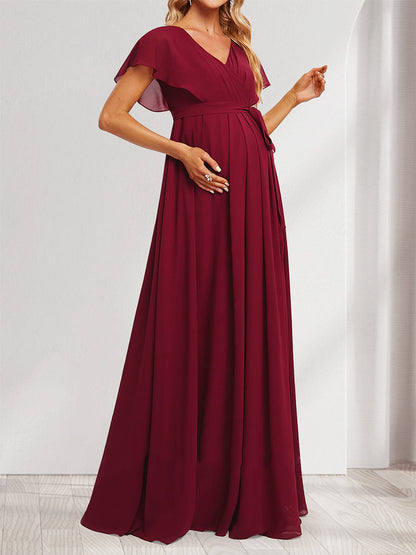 A-Line/Princess V-Neck Ruched Long Baby Shower Bridesmaid Dresses with Pleats & Split Side