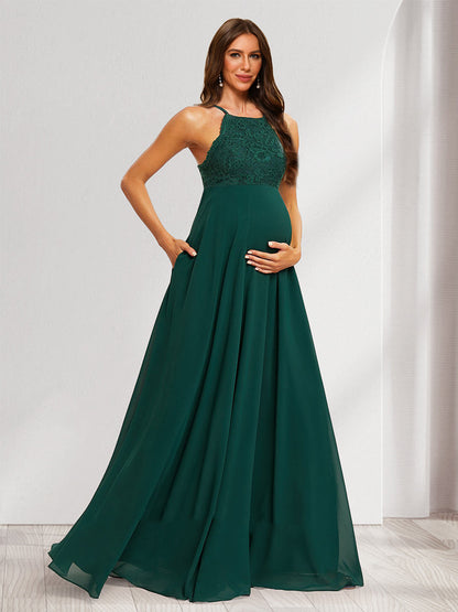A-Line/Princess Halter Straps Sleeveless Long Baby Shower Bridesmaid Dresses with Lace Appliques