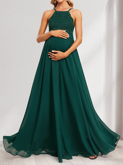 A-Line/Princess Halter Straps Sleeveless Long Baby Shower Bridesmaid Dresses with Lace Appliques